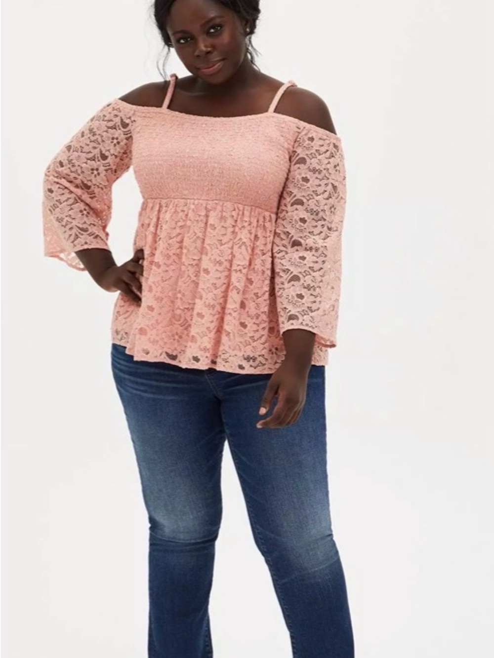 Torrid Blush Black Lace Off-ShoulderBaby Doll with Straps